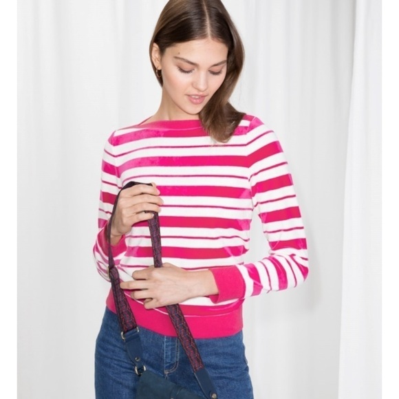 & Other Stories Knit Top NWOT Striped hot Pink / White Bateau Neck - Picture 1 of 10